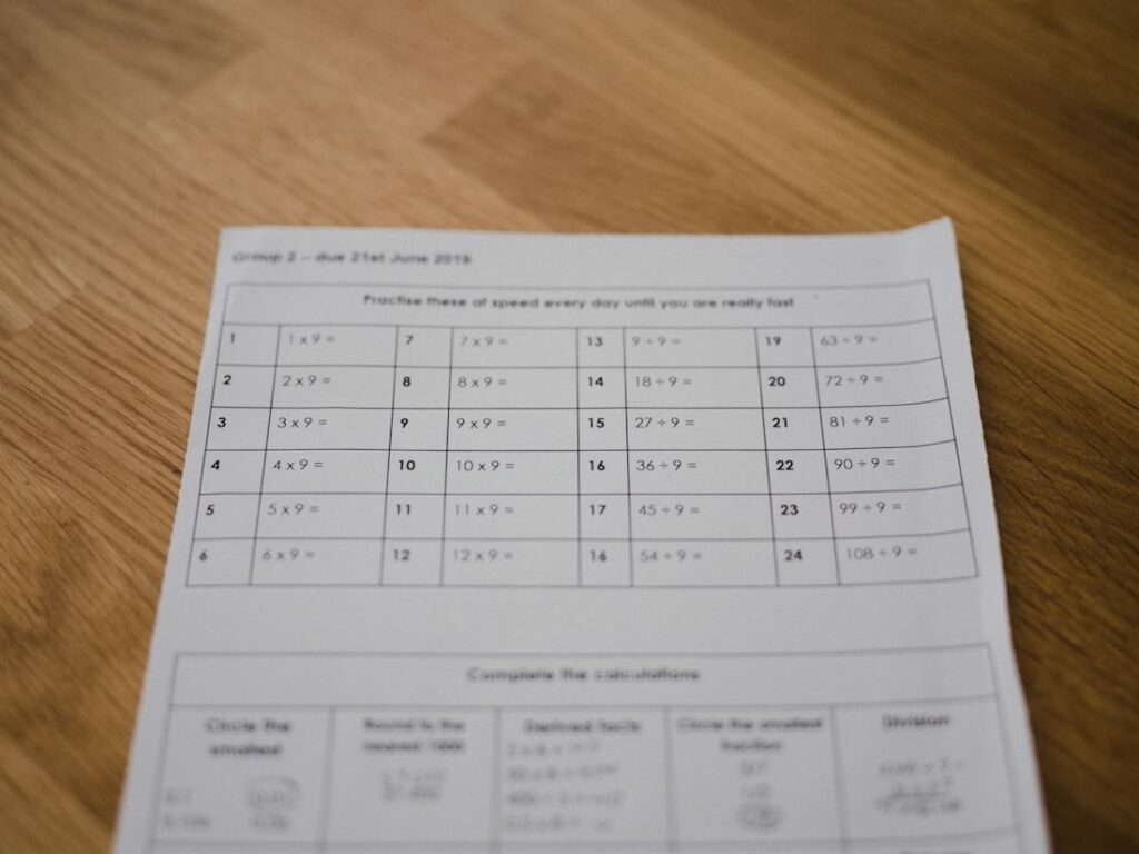 Un papier blanc avec des opérations de calcul mental de base.