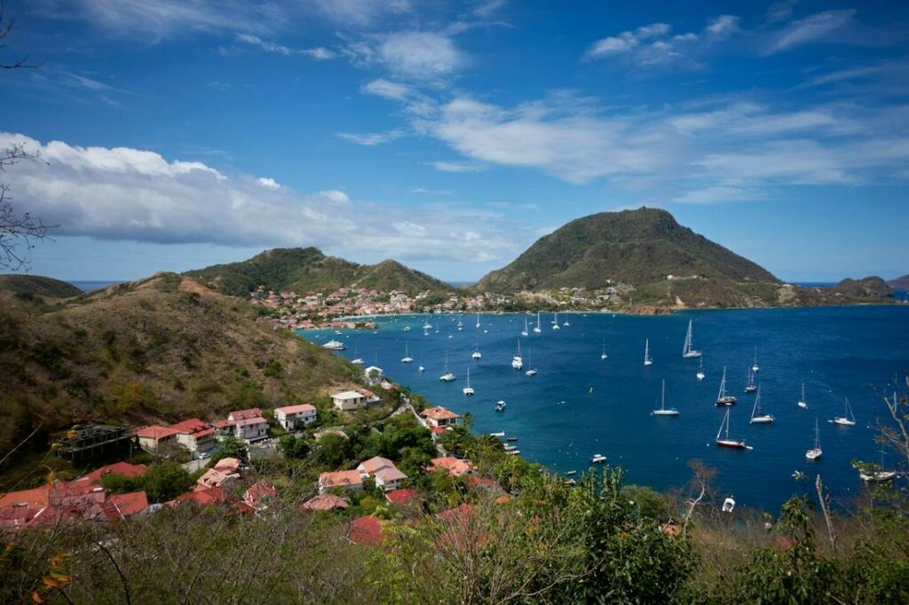 Vue depuis le sommet d'une baie avec des bateaux et des villas à flanc de colline.