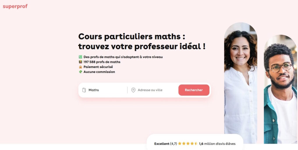 Capture de la page de recherche de professeurs de maths sur Superprof.