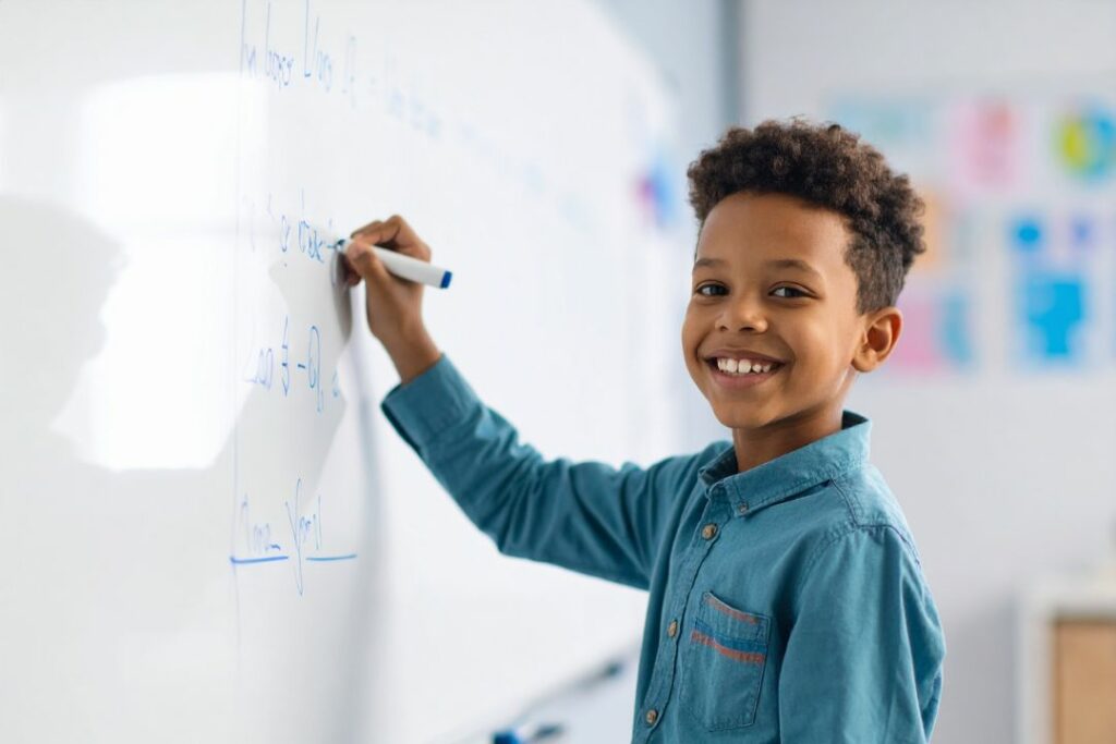 Un jeune garçon sourit en faisant un exercice au tableau d'une classe d'école.