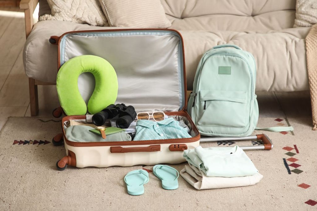 Des sacs en préparation d'un départ, au sol d'un salon.