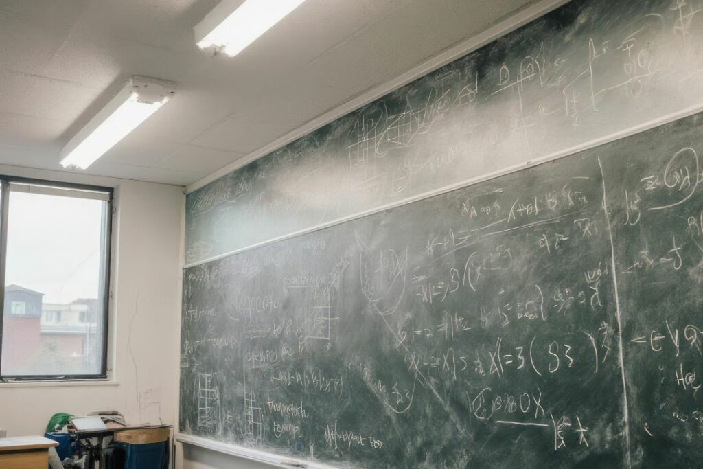 Tableau noir recouvert de formules et équations de physique chimie dans une salle de classe.