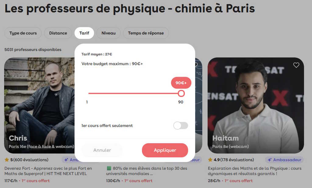Capture d'écran Superprof montrant un tarif moyen de 27 euros par heure pour les cours de physique chimie à Paris en 2026.